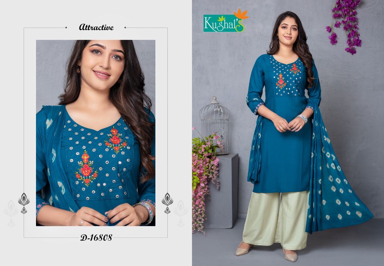 Kushal Sanorita Kurti With Plazzo And Dupatta Rayon Readymade Dress Collection
